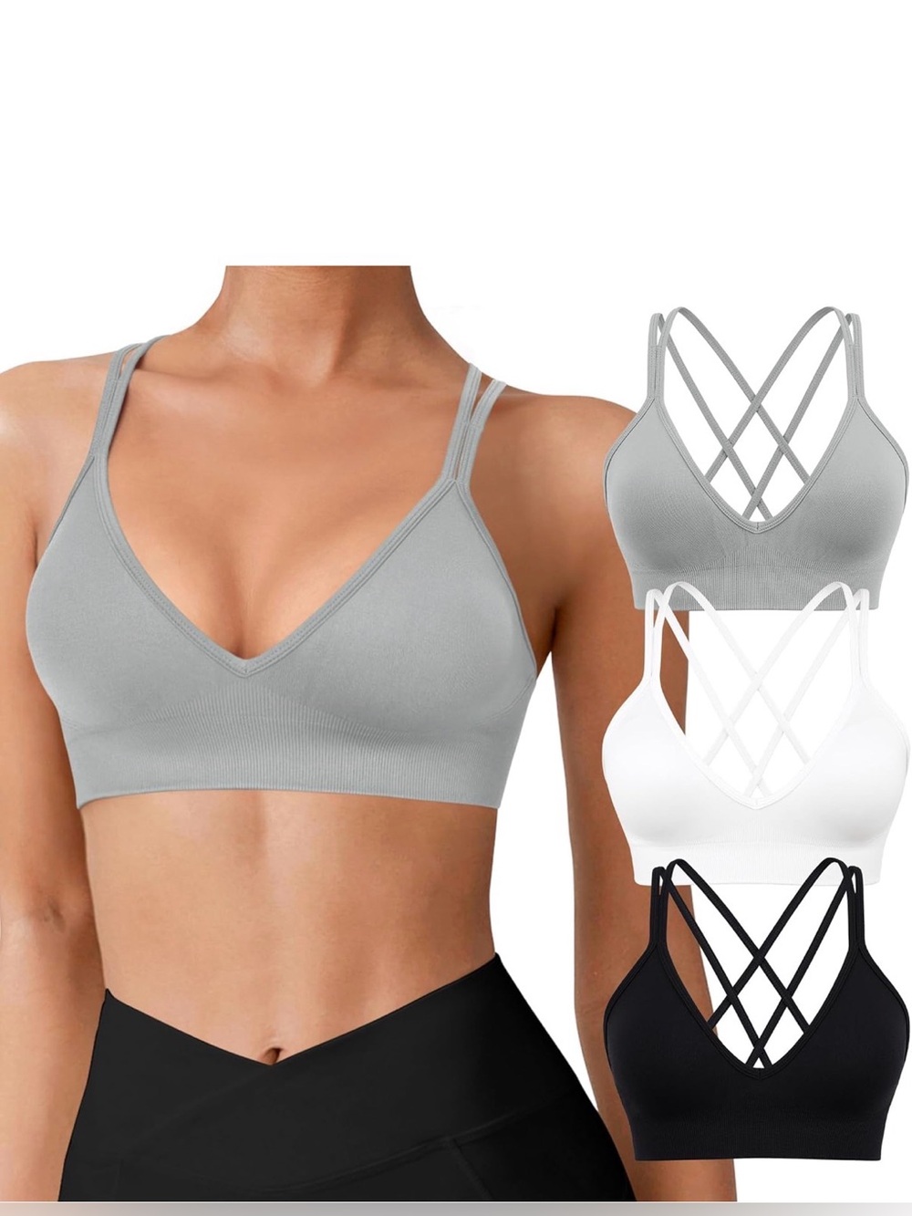 Seamless V-Neck Strappy Bralette Sports Bra— Grey, White & Black Set of 3